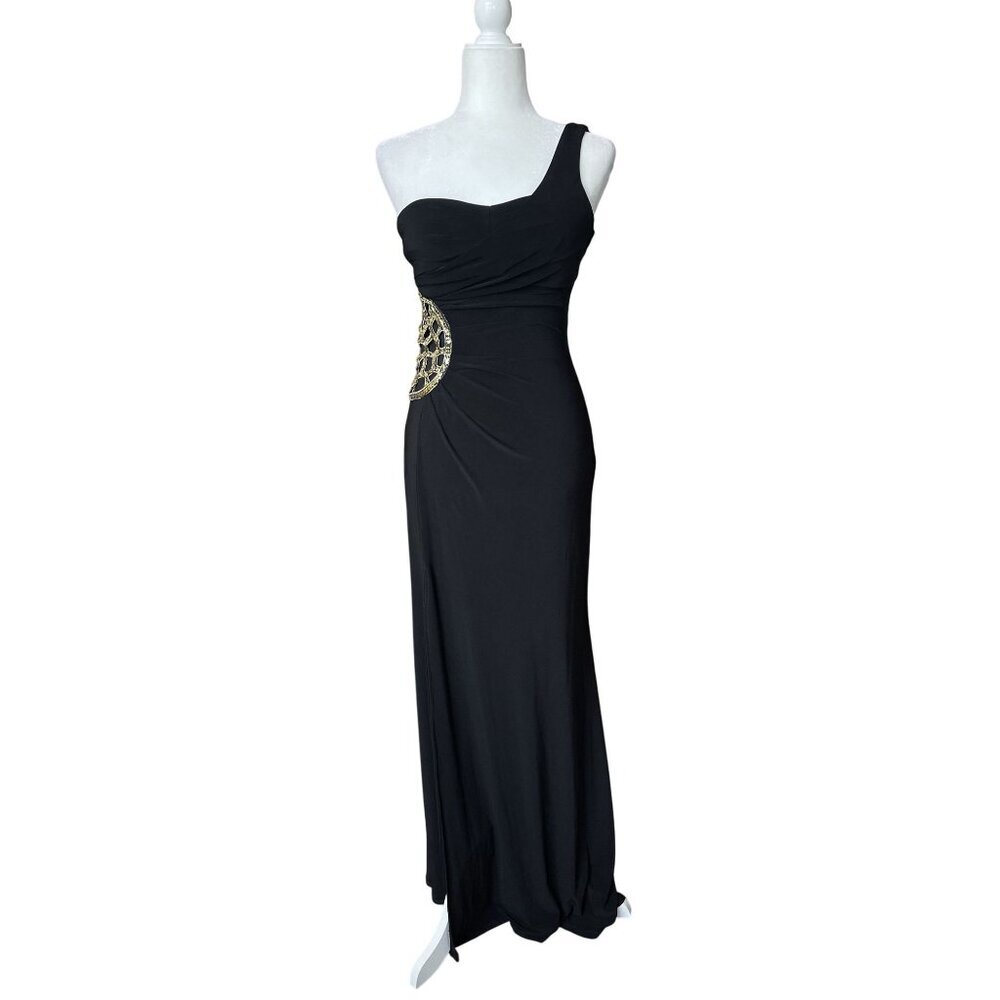 B. Smart Y2K 90's Prom Dress Black One-Shoulder Full Length Gold Embellished